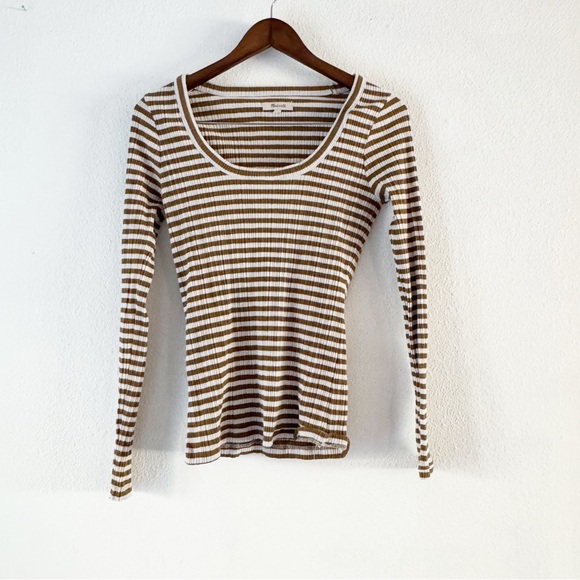 Madewell Pointelle Square-Scoop Tee Weathered Olive Striped Ribbed Shirt Medium - Picture 2 of 11